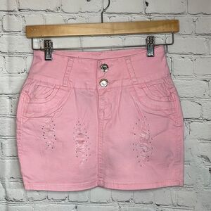 Silver Diva Pink Micro Mini Distressed Skirt Rhinestones‎ Push up Jean Skirt